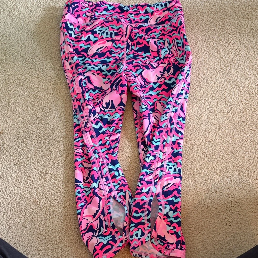 Lilly Pulitzer Neon Pink Luxeletic Capri Leggings with Navy & Aqua Print - Picture 3 of 4